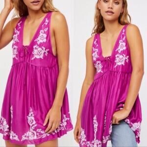 Free People Intimately Free Aida Fuchsia Embroidered Slip Tunic Dress Small